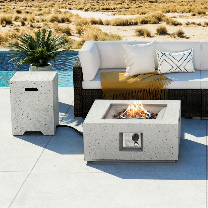 Table de foyer d'extérieur au propane en béton avec couvercle de réservoir