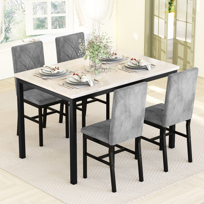  Dining Table Set For 4, Faux Marble Kitchen Table With 4 Velvet Chairs, Modern Kitchen & Dining Room Sets For Dining Room, Apartment, Restaurant, Beige & Grey-Stripes