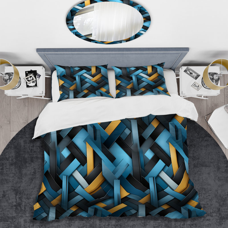 Ensemble de housse de couette géométrique Black And Blue Blockchain Blocks I, Housse de couette pour très grand lit et 2 très