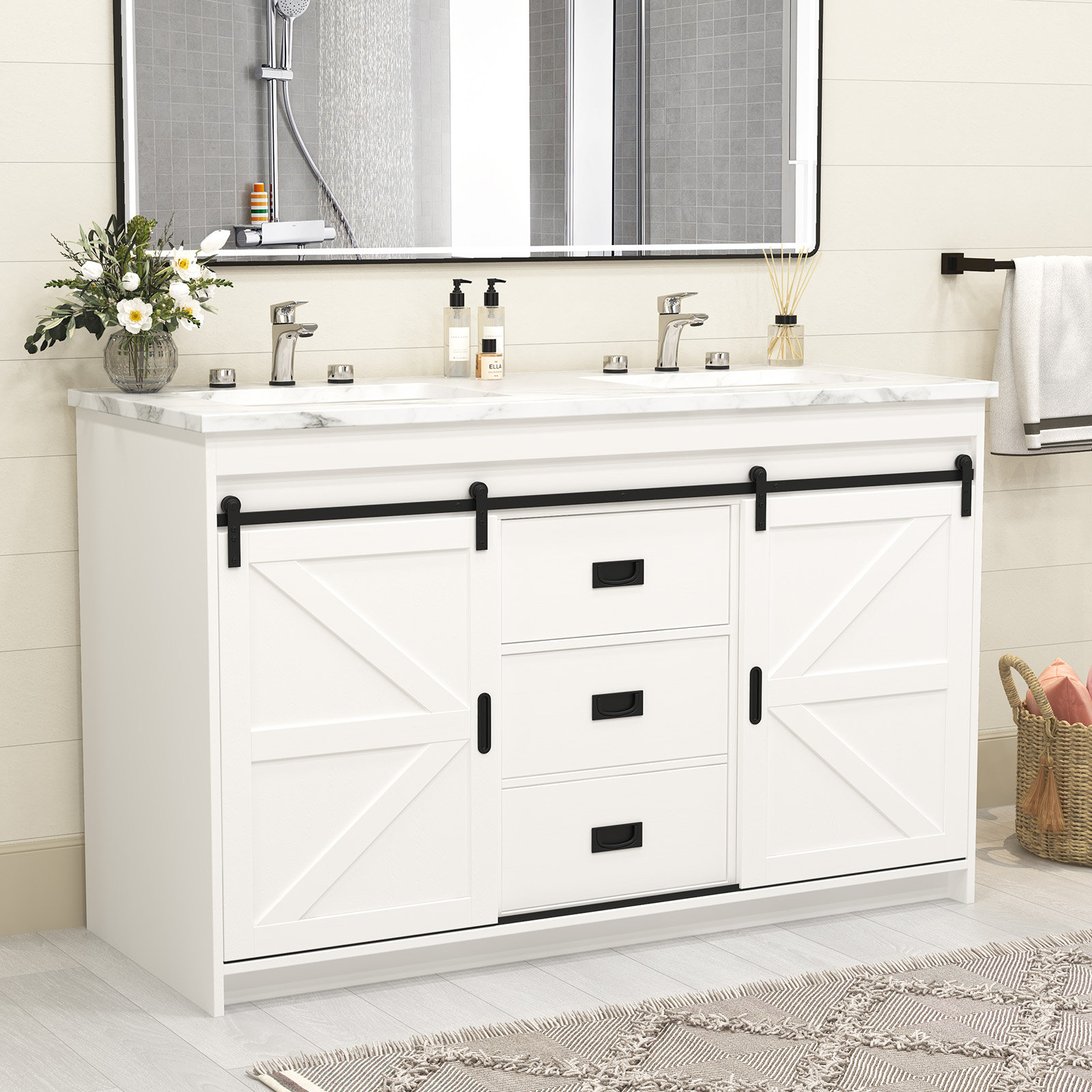 Rosalind Wheeler 54'' Double Sink Bathroom Vanity, Sliding Door ...