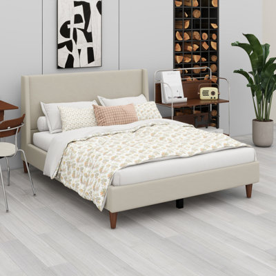 Upholstered Platform Bed With Wingback Headboard And Wooden Legs