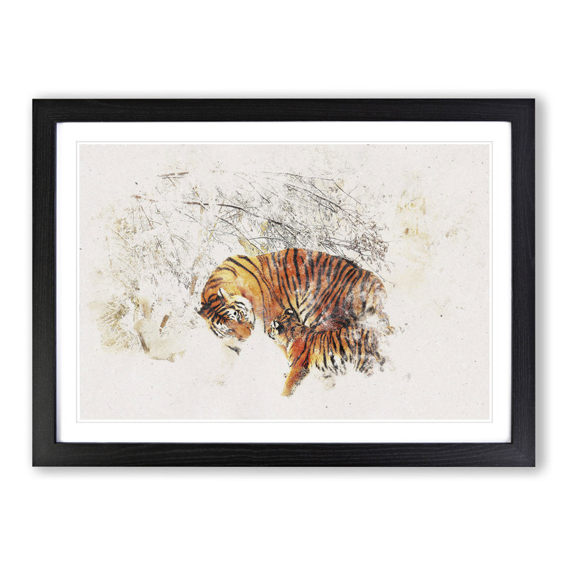 Mother Tiger & Cub in Winter - Picture Frame Graphic Art Print, Black Framed, 33cm H x 45cm W x 2cm D