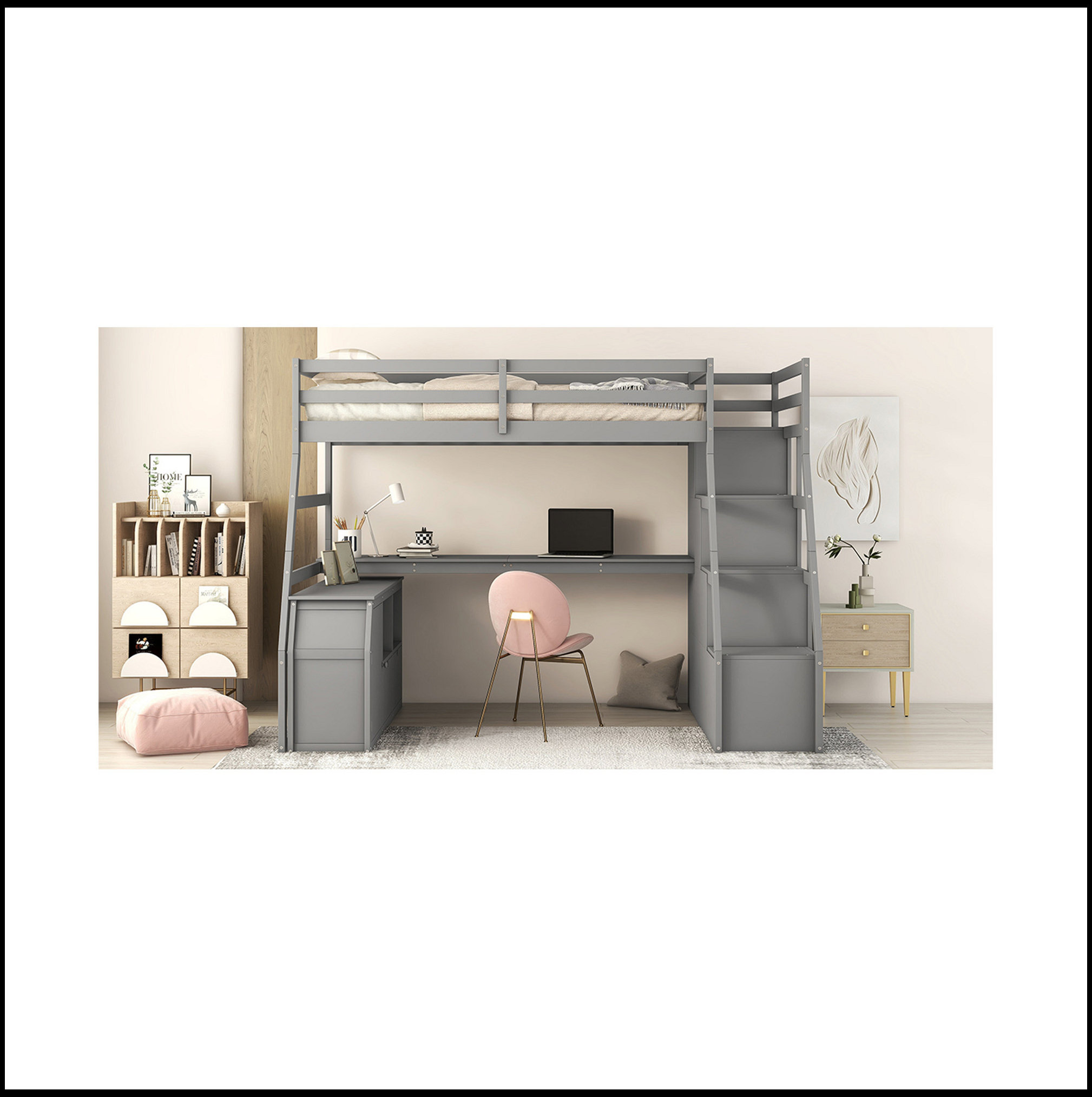 Harriet Bee Full Size Loft Bed With 7 Drawers 2 Shelves And Desk | Wayfair