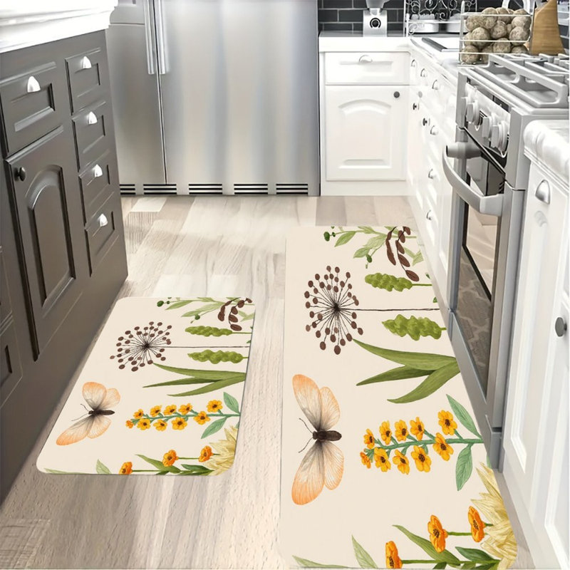 Papillon et fleur jaune, 2 tapis de cuisine antidérapants, Crème avec motif floral