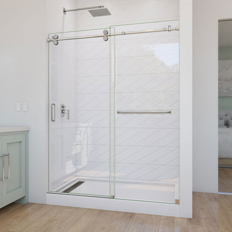 DreamLine Enigma-CXO 56 - 60 inch W x 76 inch H Frameless Sliding Shower Door with Towel Bar, Polished Stainless Steel