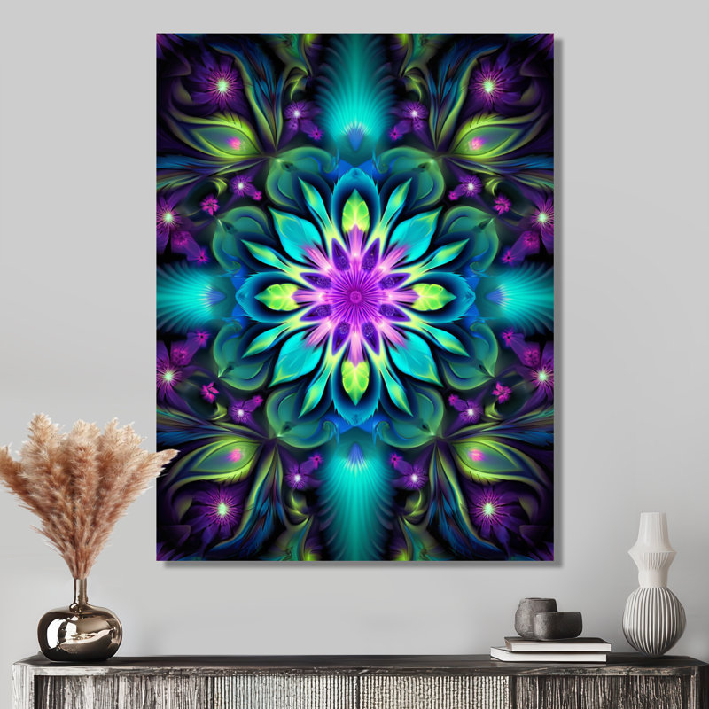 Décoration murale turquoise néon fractal II - Boho Mandala, Toile tendue, H 44 po x l 34 po x P 1,5 po