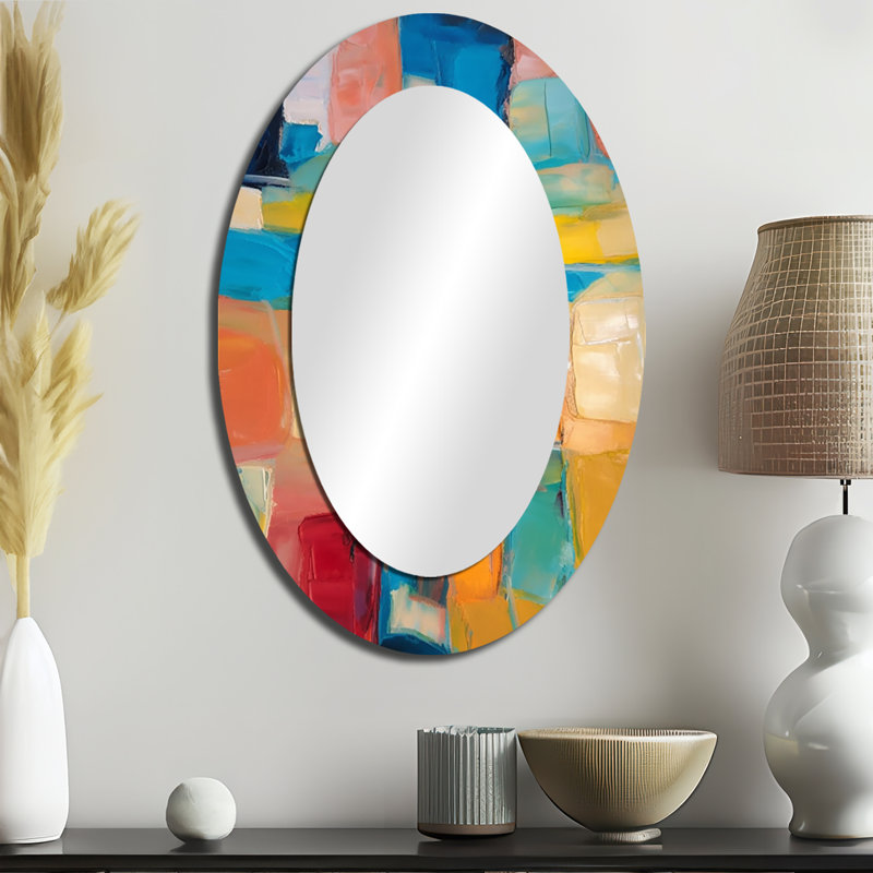 Vibrant Cubist Colourfields - Large Oval Wall Mirror On Metal, 36" x 24"