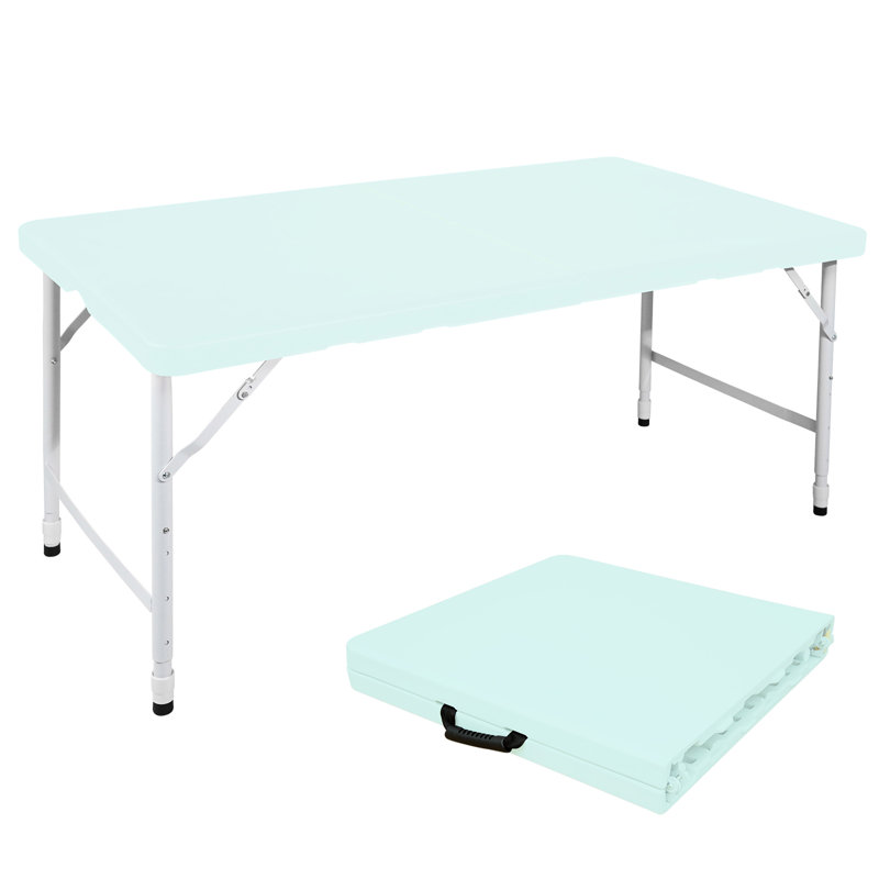 Table pliante portative bleue de 4 pi pour les espaces intérieurs et extérieurs, capacité de 135 kg, rangement pliable, table de surface facile à nettoyer, utilisation, chargement, nettoyage, célébrations d'anniversaire convenables