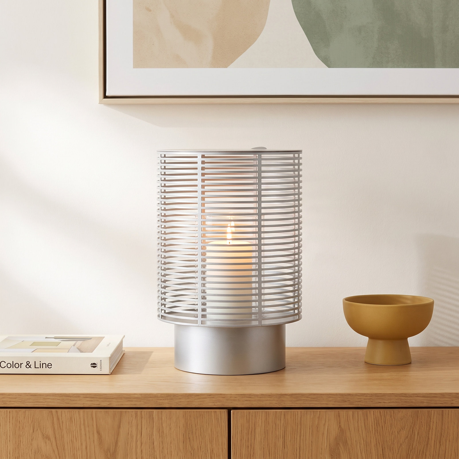 Olea Lantern Candle Holder, Silver Metallic, 14.8" x 10.2" W x 10.2" D