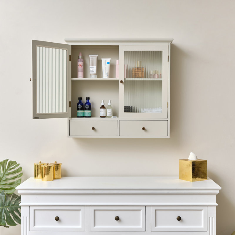 Pale Reeded Glass Wall Cabinet With Drawers, Taupe