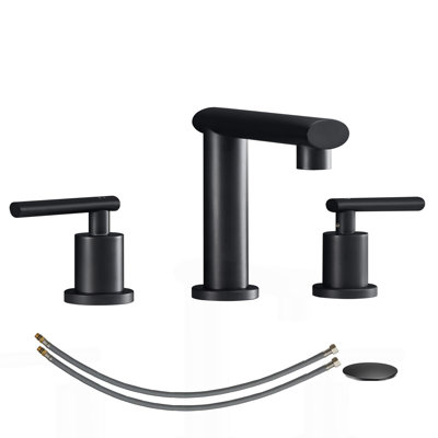 Matte Black Widespread Bathroom Faucet, Waterfall Bathroom Faucets For Sink 3 Hole, 2-Handles Modern Vanity Faucet With Pop Up Drain Assembly And Lead-Free Supply Hose,8-Inch