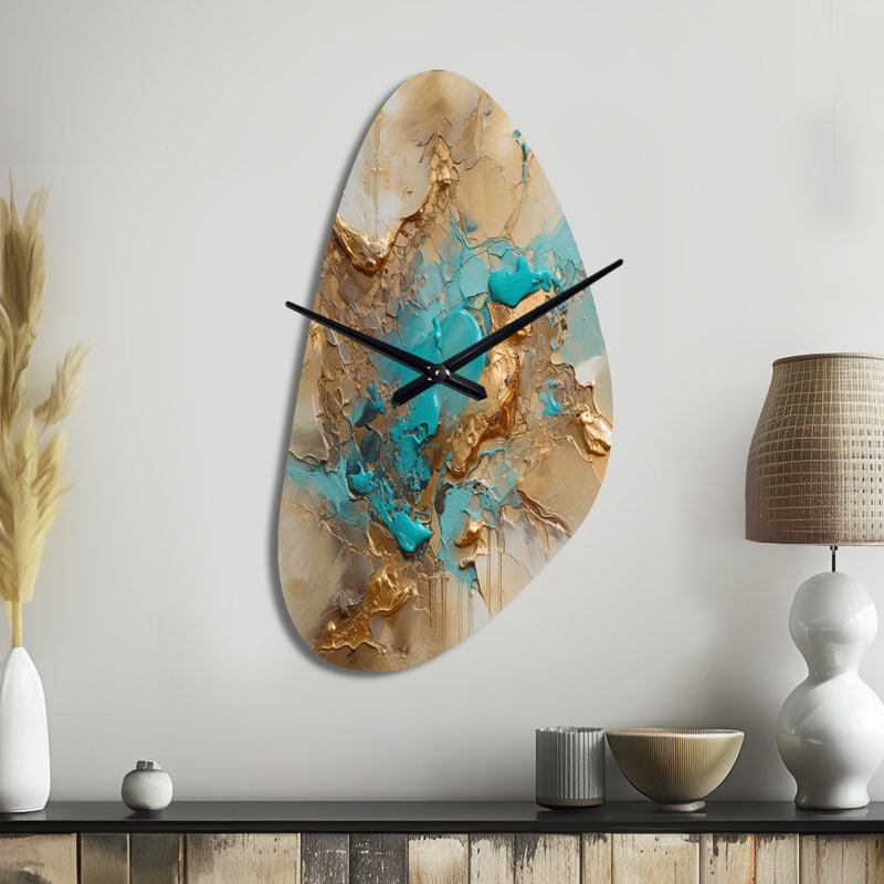 Gold Blue Transcendent Liquid Ink II - Fall Shape Gold Wall Clock - Unique Shape, Large