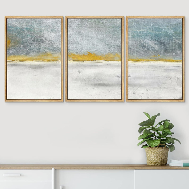 Abstrait abstrait bleu ciel jaune encadré sur toile, ensemble de 3 pièces, H 24 po x l 48 po x P 1,5 po, Naturel