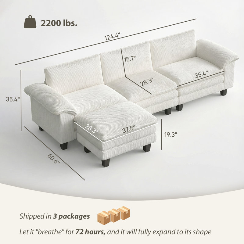 124" Sectional Sofa, L Shaped Couch with Deep Seat, Movable Ottoman and Pillow-top Armrests, Corduroy 3 Seat Sectional Couch for Living Room, 2200lb Capacity, Beige,wood