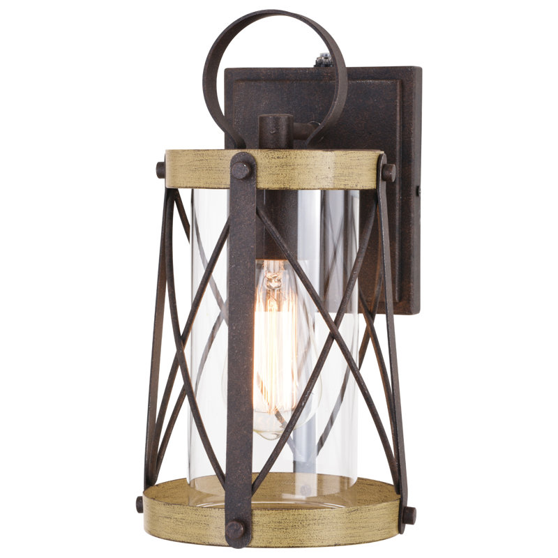 Applique murale d'extérieur 12 po en fer oxydé et orme bruni à lumière du jour avec capteur d'orge bruni à l'aube, acier durable, abat-jour en verre transparent pour porte de patio ou de garage