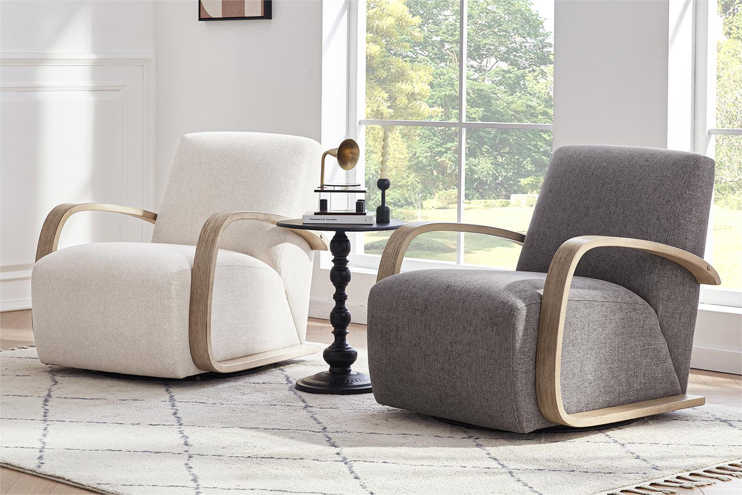 Oak Swivel Armchair, Driftwood Ash, Washed Linen Performance Weave