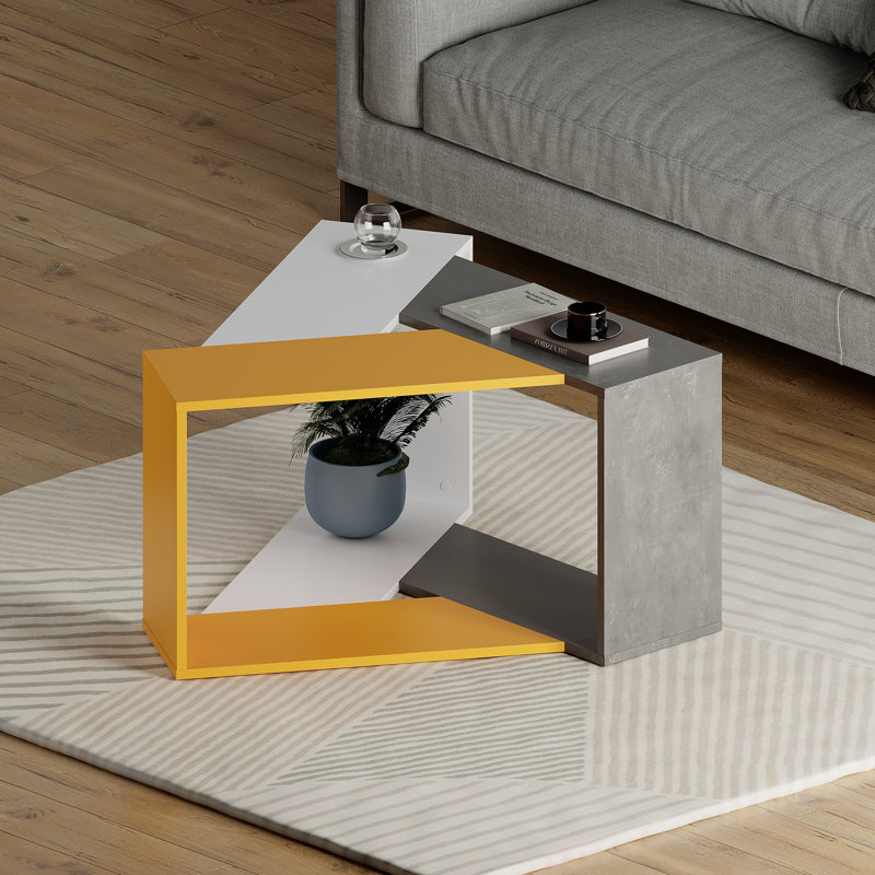 Modern Geometric Coffee Table with Open Shelf and Angular Design, Mustard/White/Retro Gray