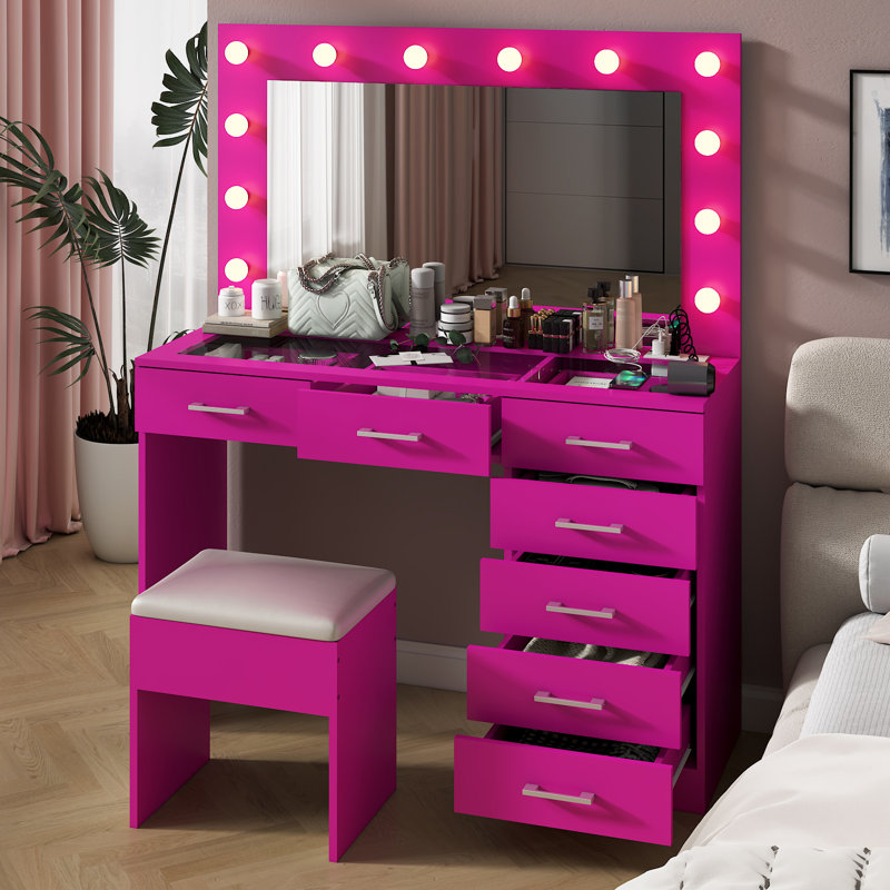 Grand ensemble de coiffeuse avec lumières, USB et prise de courant, 7 tiroirs, Rose