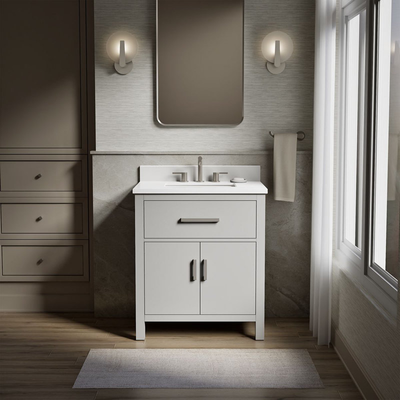 30 po Kresla Meuble-lavabo de salle de bain avec lavabo et comptoir en quartz, Gris Atmos, Nickel brossé