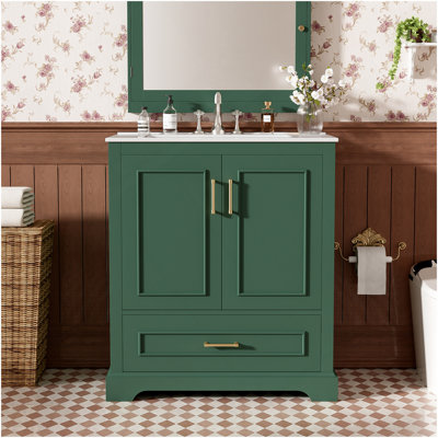 Meuble-lavabo autoportant 30 po avec lavabo, panneau de fibres à densité moyenne et structure en bois, 1 tiroir séparateur et 2 portes à fermeture en douceur (double tablette sur la porte)