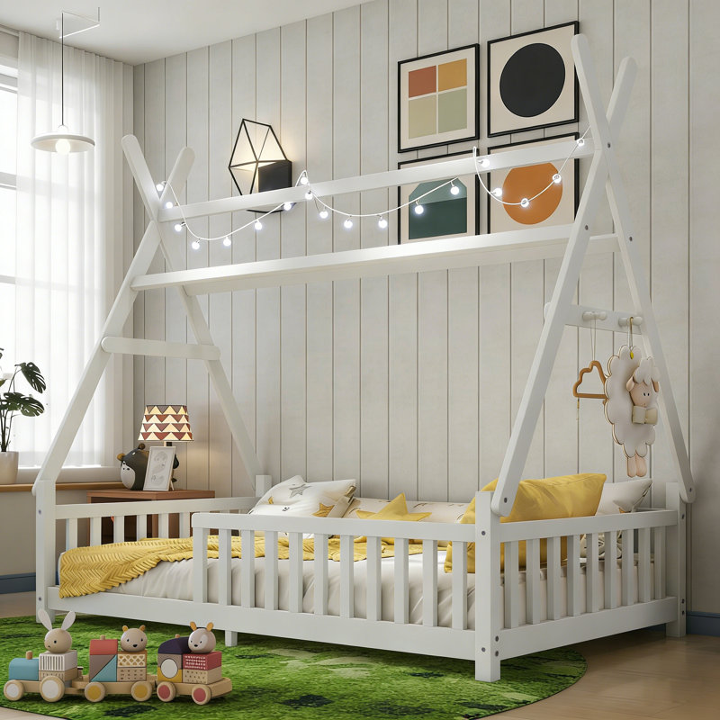 Twin Size House Floor Bed with LED Lights and Fence Guardrails for Kids,  Bed Frame with Removable Roof for White, Twin
