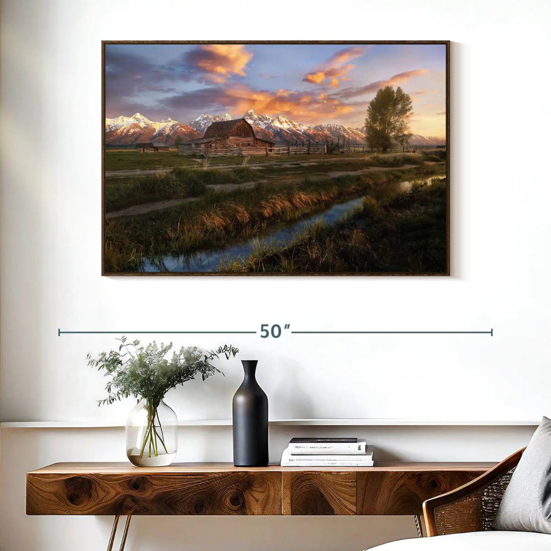 Scène de grange Moulton, Cadre flottant noyer, 40 po x 27 po