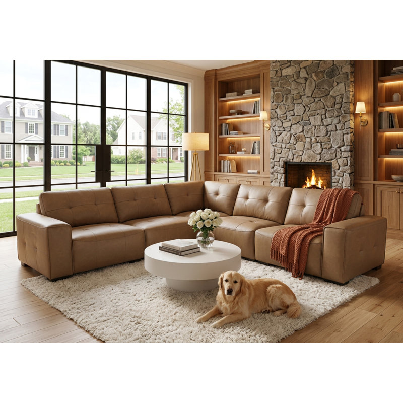 Contemporary White & Khaki Leather L-Shaped Sectional Sofa, Brown Faux Leather