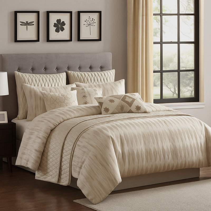 Ensemble d'édredon très grand 10 pièces Rely, jacquard tissé, ivoire, King Comforter + 4 Euro/King Shams
