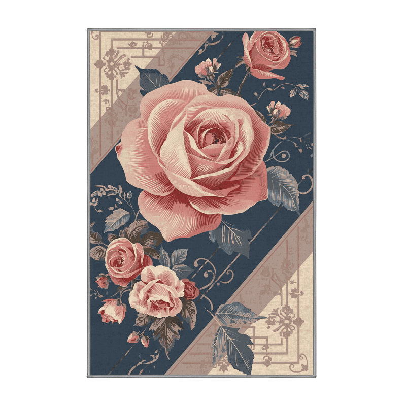 Machine Washable Orlandra Pink Rose Florentiner Floral Rug in Gray – Gray Binding, 4x6