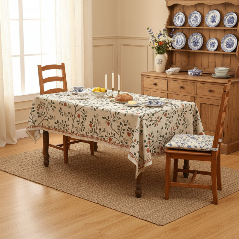 Nappe lin beige clair 55 po x 71 po, motif floral froissé beige clair