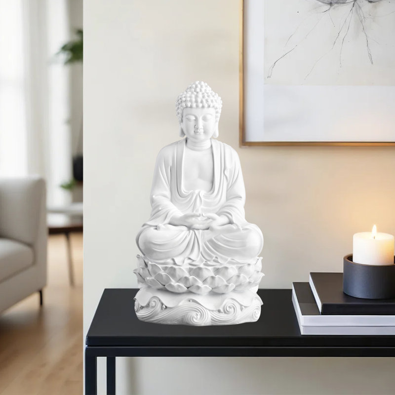 16" Peaceful Meditating Gloss White Buddha Statue, White