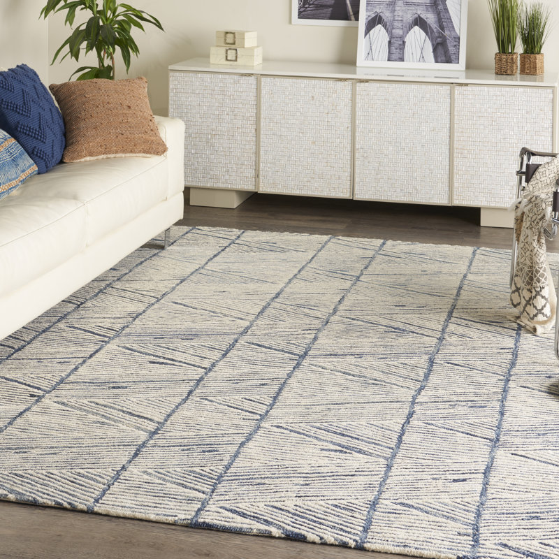 Beva Geometric Handmade White/Blue Area Rug, Rectangle 236 x 297cm