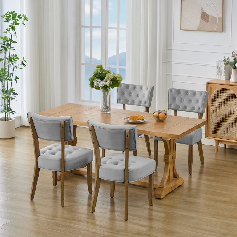 Chaises de salle à manger rembourrées Mid-Century avec structure en bois massif, Gris clair, Noir