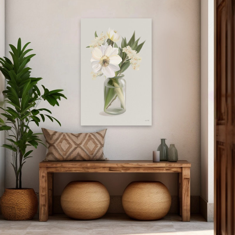 Bouquet de jardin - Vase en verre moderne avec fleurs blanches, H 48 po x l 32 po