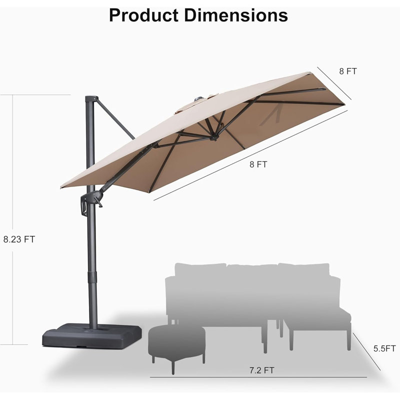 Parasol carré en porte-à-faux 8 pi Arlmont & Co. avec tissu recyclé résistant à la décoloration et rotation à 360 degrés