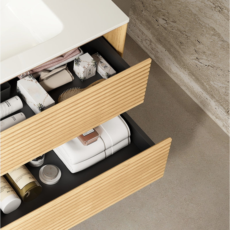 Armoire de salle de bain 30 po avec lavabo, contreplaqué, cuve en céramique blanche, chêne, rangement de tiroir, armoire de contreplaqué de meuble-lavabo pré-assemblé, mouvement
