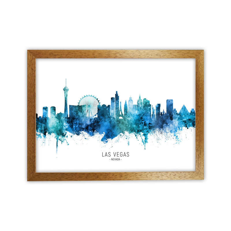 Las Vegas Nevada Skyline Blue City Name by Michael Tompsett - Print, 46cm H x 63cm W x 3cm D, Oak Framed