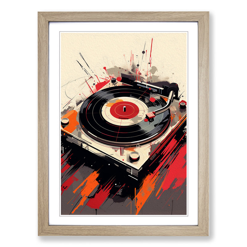 Vinyl Record Player Gestural - Single Picture Frame Print on Wood, Oak Framed, 34cm H x 25cm W