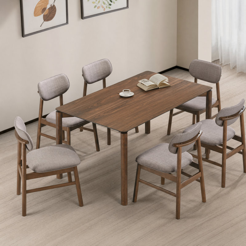 Willow 6-Seater Solid Wood Dining Table Set with Upholstered Chairs, 6, Walnut