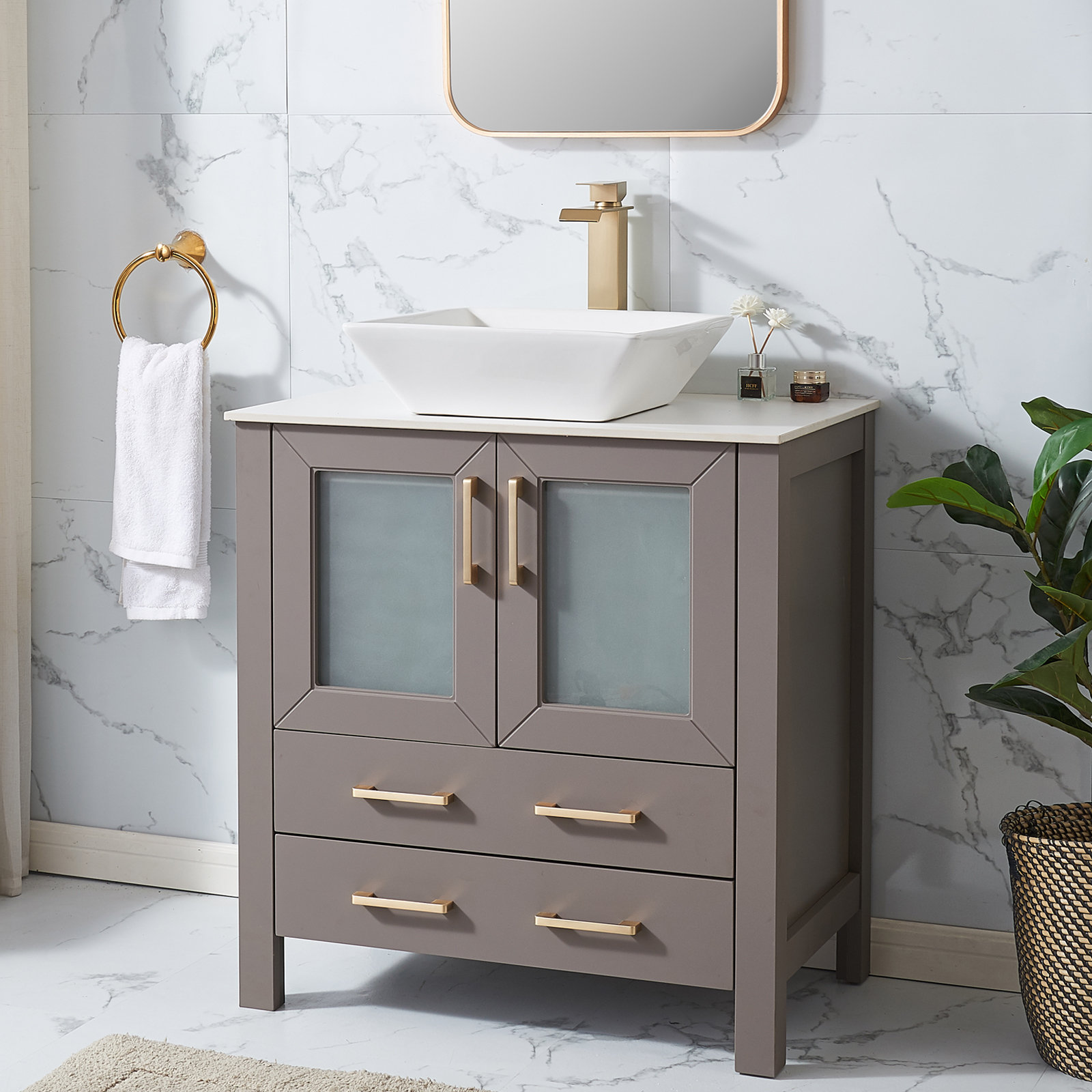 30 inch Bathroom Vanity and Sink, Wood Cabinet Basin Vessel Sink Set  Bathroom Sink Vanity Combo with Shelves and Drawers, Freestanding  Single-Sink
