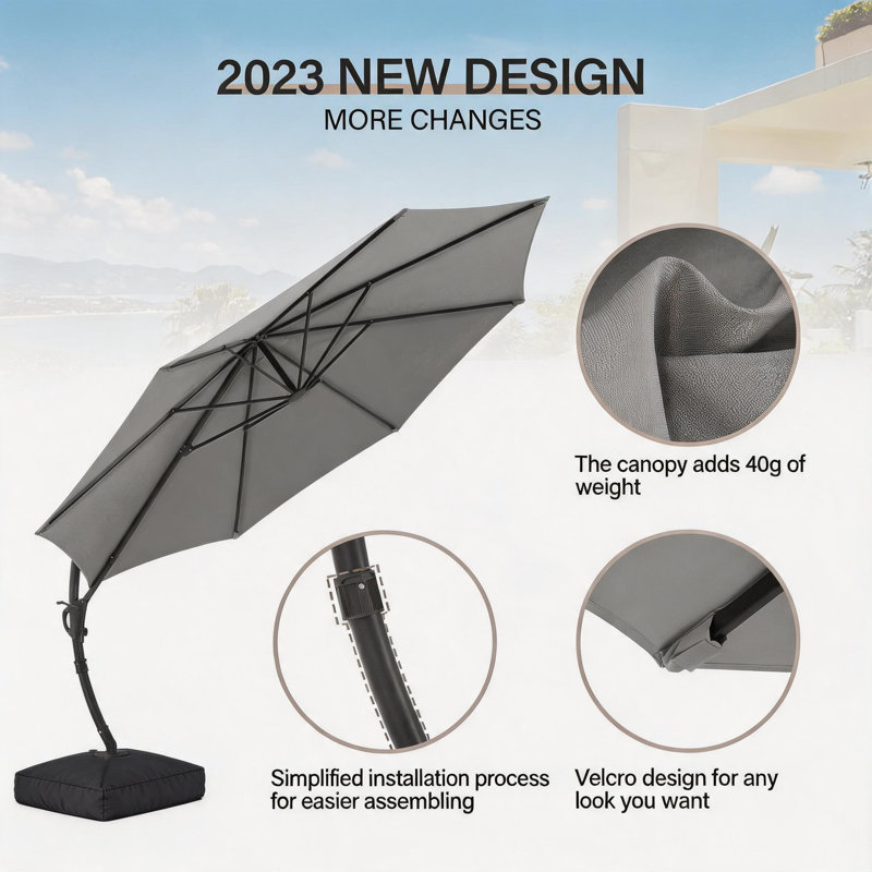 Parasol en porte-à-faux en aluminium Kristy avec base incluse, 12FT, Fabric Sandbag Base, Gris