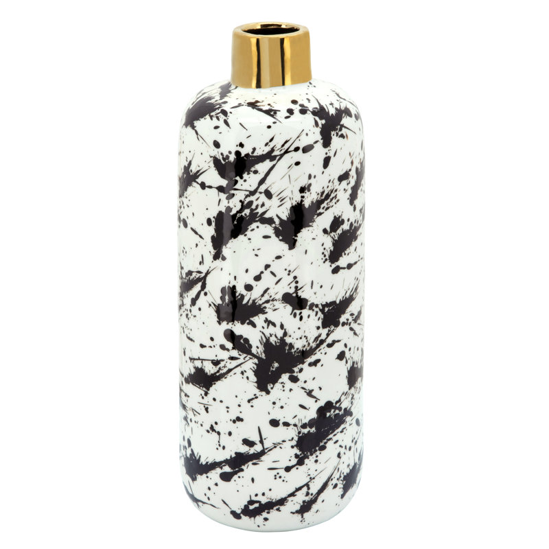 Modern Ceramic Vase with Black and White Abstract Design and Gold Accent - Decorative Stoneware Piece for Contemporary Decor.