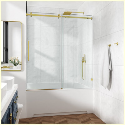 54x76" Fixed & Sliding Shower Door, Square Tube Hardware, Clear Glass Shower Door, 3/8″ (10mm) SGCC Tempered Glass, Stainless Steel, Brushed Gold