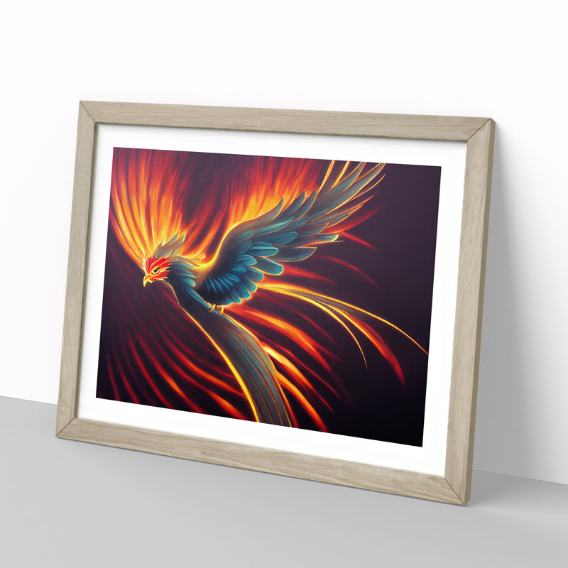 Explosive Phoenix Bird - Single Picture Frame Print, 46cm H x 64cm W x 2cm D, Oak