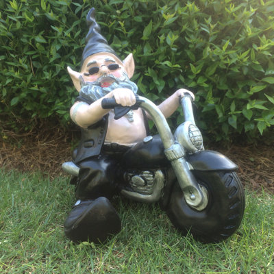 Born-to-Ride Gnome Biker Dude Riding Motorcycle Garden Statue