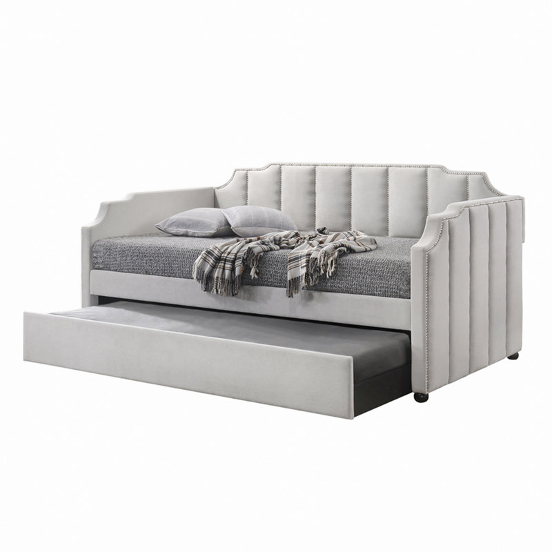 Twin Velvet Daybed With Roll-Out Trundle - Arched Tufted Design, Nailhead Trim & 660Lb Capacity