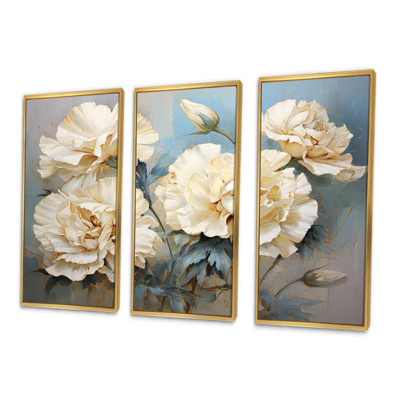 «Beige oeillets sur bleu I», ensemble d'art mural sur toile, Cadre flottant doré, H 32 po x l 48 po x P 1 po