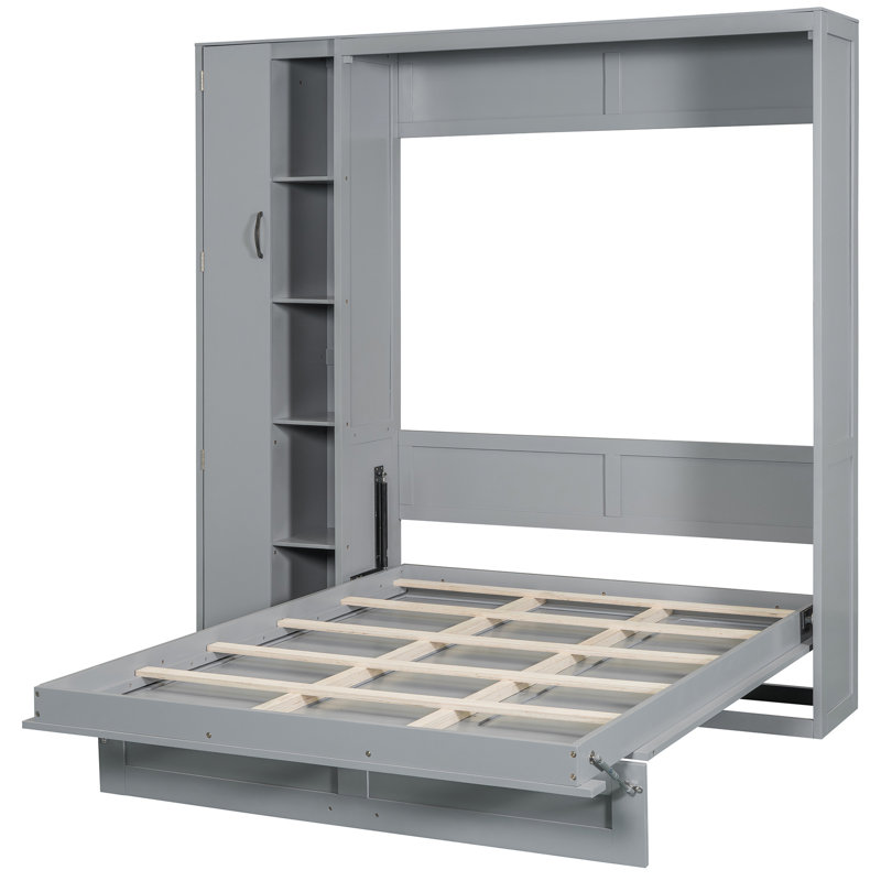 Lit double avec tablettes, garde-robe, lumières à DEL - gris, Gris, Lit double