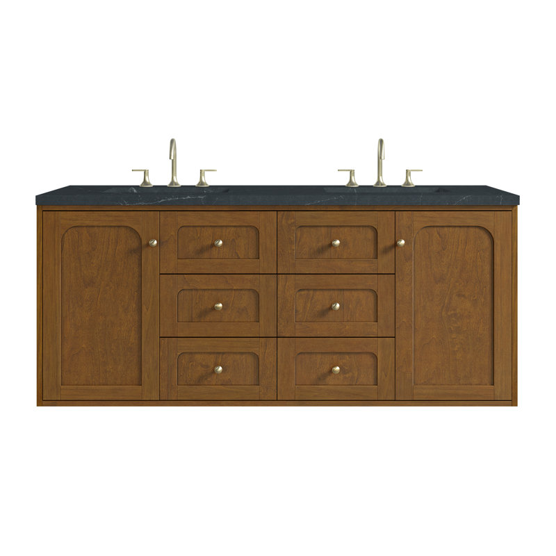 Meuble-lavabo double 60 po Laurent, Pierre de savon anthracite, Centres de 8 po, Chêne miel