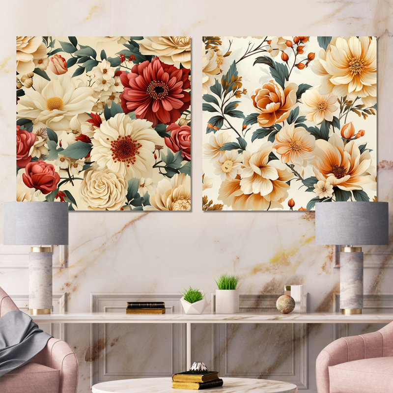 Sainz - Ensemble de salon mural floral 2 pièces, Toile tendue, H 16 po x l 33 po x P 1 po